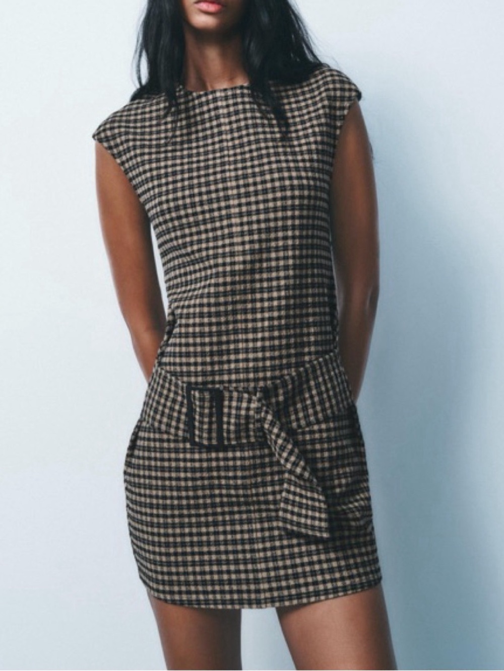 Zara Black & Cream Checked Belted Mini Dress